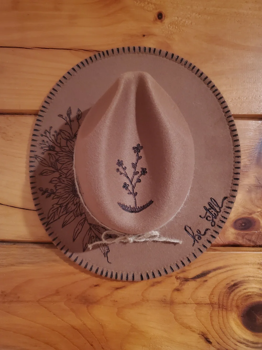 Embroidered Brown Felt Hat with Floral Accents